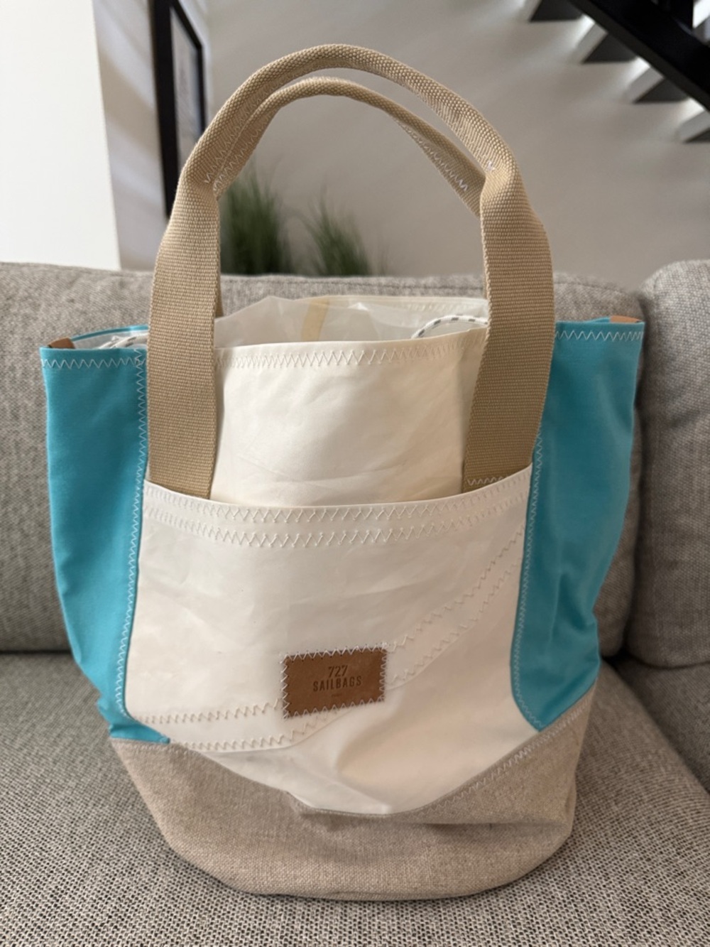 White & Turquoise Canvas Tote with Tan Handles